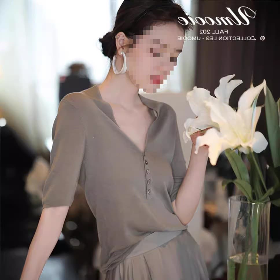 Fairy Style! Mulberry Silk + German Yangtze Yarn Fine Wool 16-Gauge V-Neck Thin Short Sleeve Top