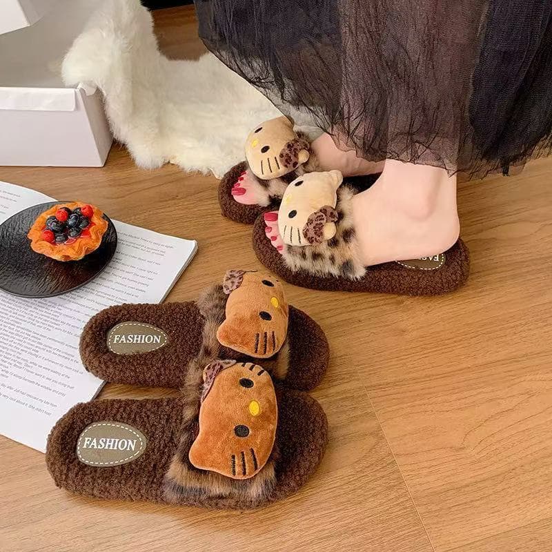 Leopard Print Hello Kitty 2025 Trendy Fuzzy Slippers for Women, Winter Non-Slip Cute Cartoon Indoor/Outdoor Cotton Slippers