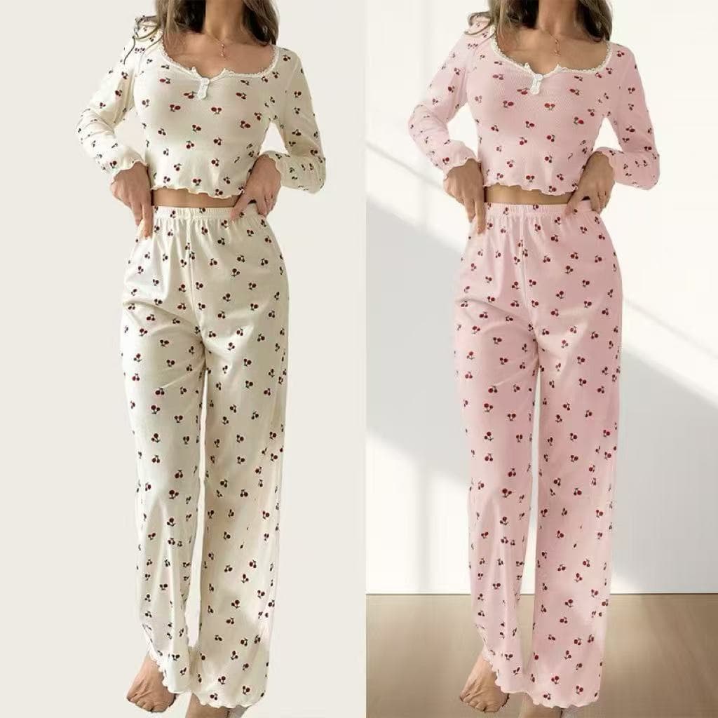 New European and American Cross-Border Casual Set with Cherry Print Women's Loungewear Long Pants Long Sleeve Pajamas