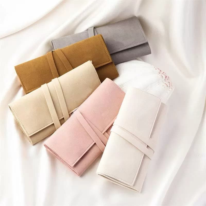 New Stock Large Microfiber Jewelry Roll Bag Ring Earring Necklace Jewelry Storage Pouch Velvet Travel Jewelry Bag
