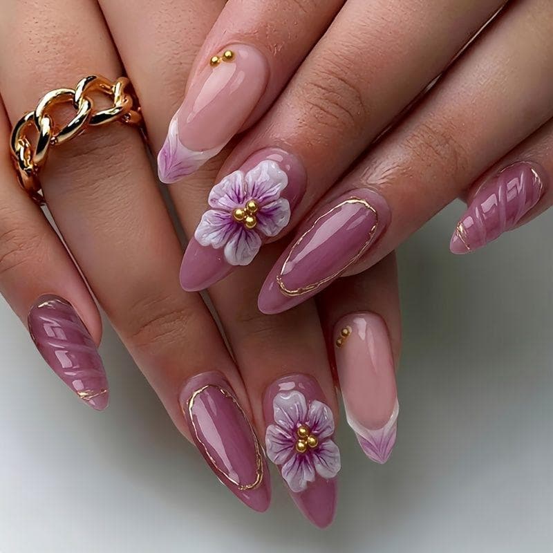 30 Pieces 3D Nail Art Stickers Almond Shape Cross-Border Hot Selling Hand-Painted Flower Design High-Quality Fake Nails