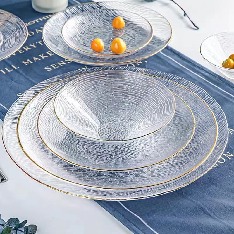 Japanese-style horizontal grain glass plate household fruit plate Western food plate salad plate high-end decorative ornaments heat-resistant