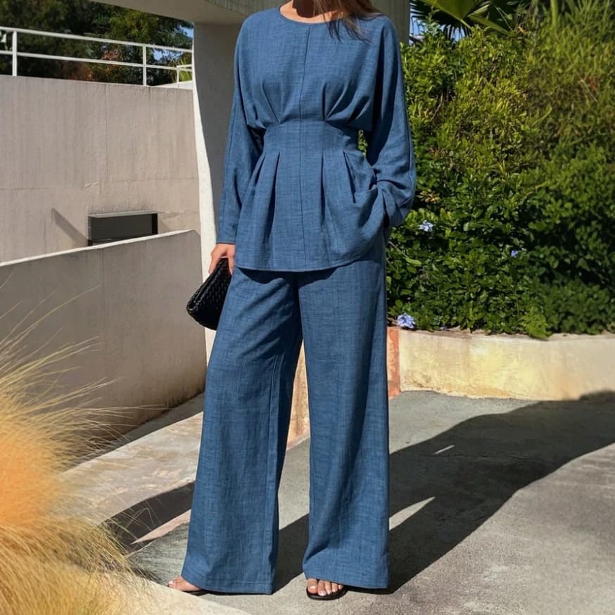 Cross-Border Women's Fashion New European and American Style Solid Color Casual Long Sleeve Top with Wide Leg Pants Tie Set
