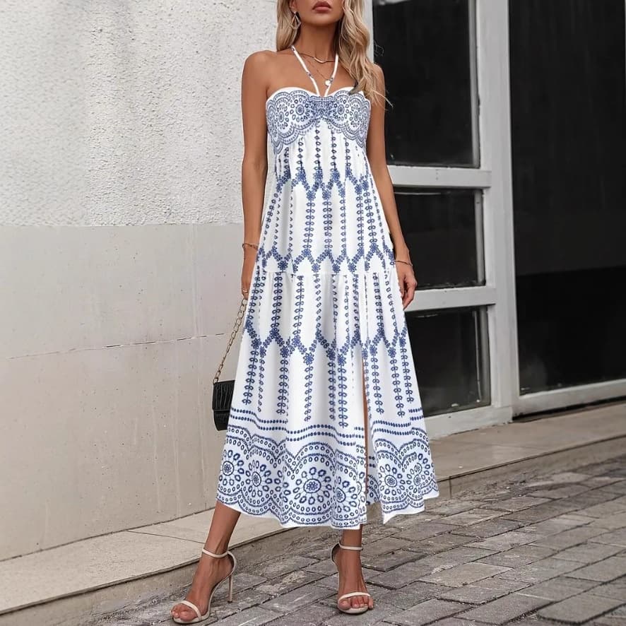 2025 Summer New European and American Cross-Border Bohemian Style Fashion Print Camisole High-Waist Long Skirt Set