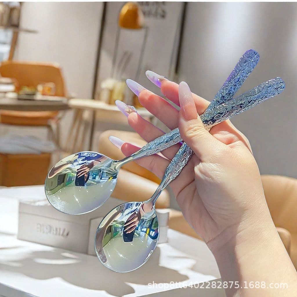 Stainless steel ice crackle pattern round-tip spoon, high-end household soup spoon, long-handled steel spoon, Western dining soup spoon