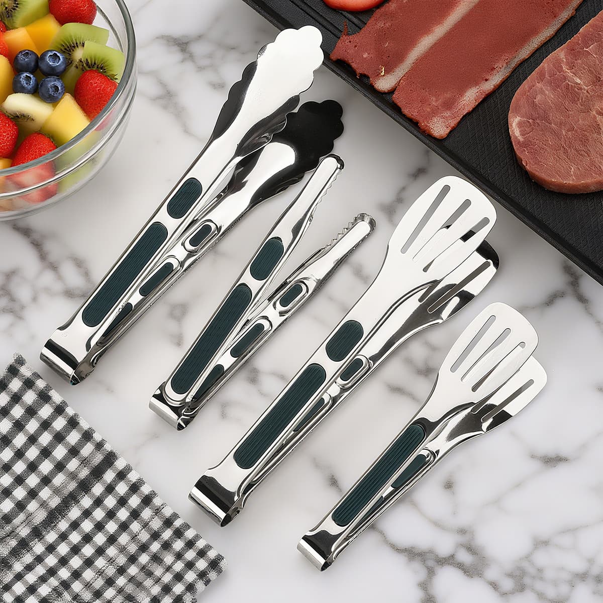 Wholesale Stainless Steel Food Tongs, Buffet Grilled Meat Tongs, Vegetable Tongs with Silicone Handle, Steak BBQ Food Tongs