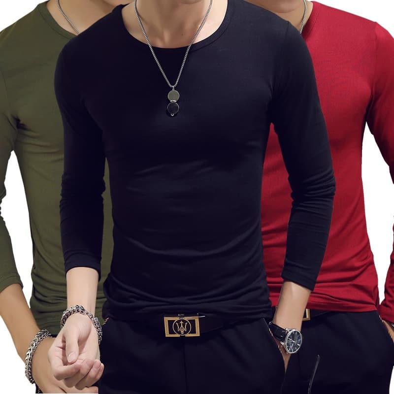 New Spring/Autumn Men's Long Sleeve T-Shirt Round Neck Solid Color Base Layer Slim Fit Korean Style T-Shirt Wholesale eBay