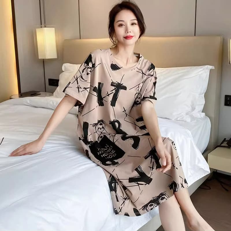Women's Nightgown Summer Short Sleeve Sweet Dress Cartoon Internet Celebrity Style Maternity Plus Size Wearable Out Thin Long Nightgown