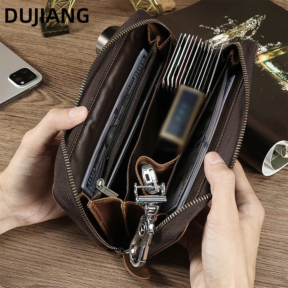 Cross-Border New Men's Clutch Bag, Vintage Long Clutch Bag Made of Crazy Horse Leather, Genuine Leather Business Zipper Wallet