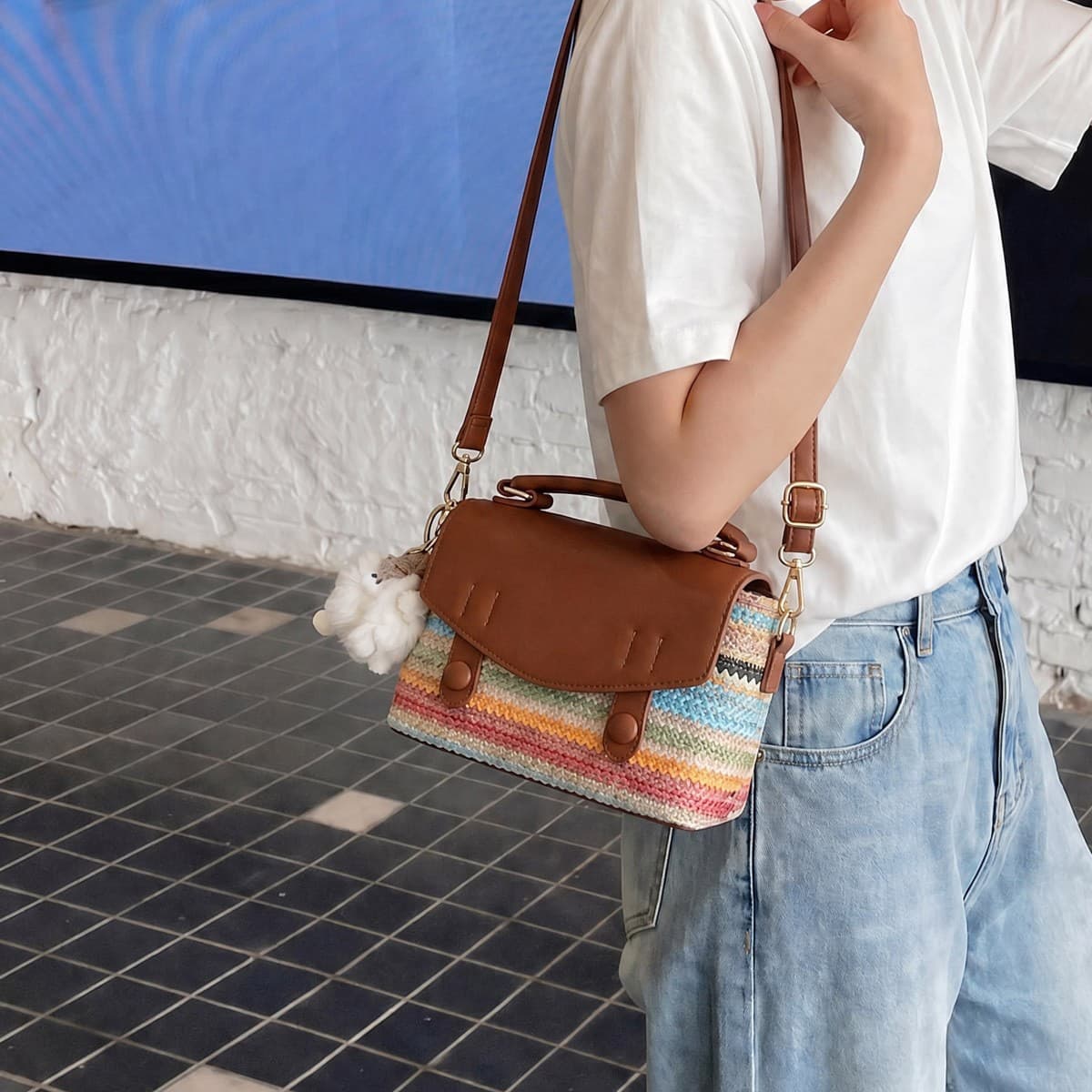 2026 New Women's Summer Handbag Rainbow Woven Bag Premium Shoulder Crossbody Bag