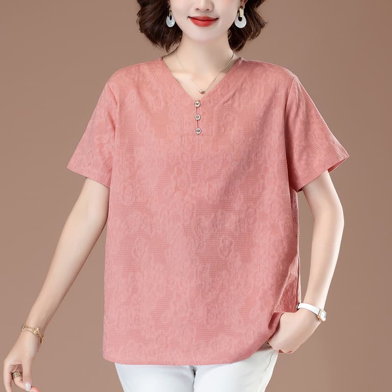 Middle-Aged Mom V-Neck Cotton Short-Sleeve T-Shirt Women Summer Loose Belly-Covering Pure Cotton Top Plus Size Pure Cotton Jacquard Top