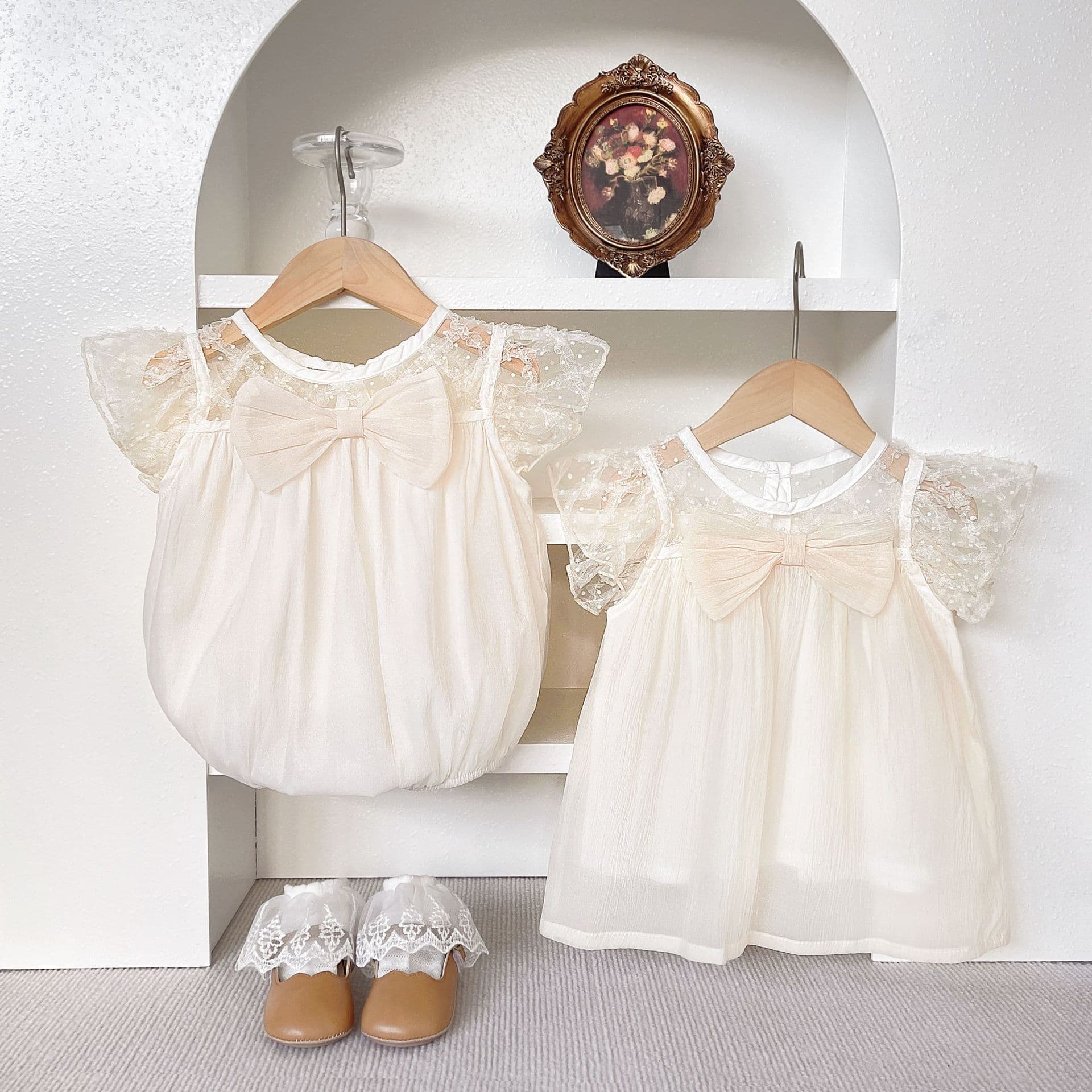 Baby bag, summer new style, bow mesh harem dress, western style sister outfit, super cute 100-day dress
