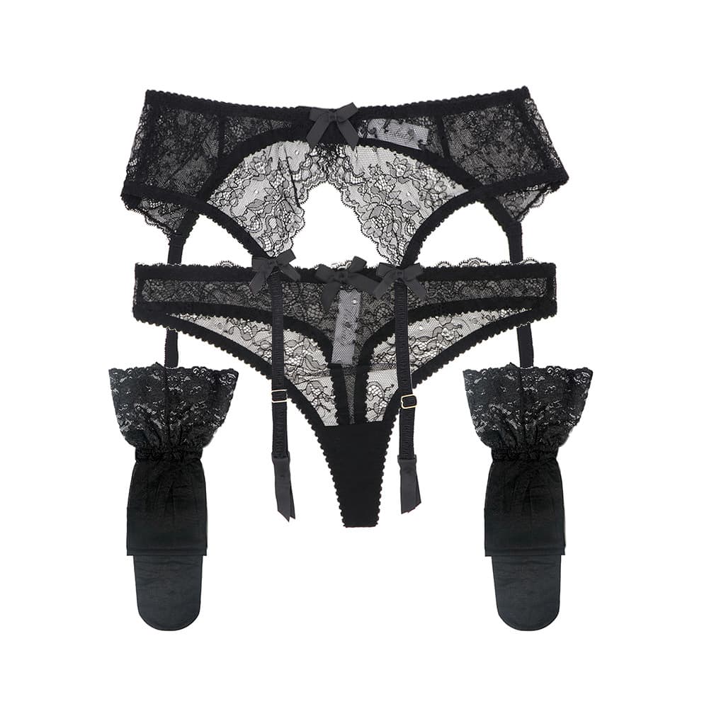 Varsbaby Sexy Lace Garter Belt Ultra-thin Bow Garter Clip 3-piece Set Pantyhose Stockings