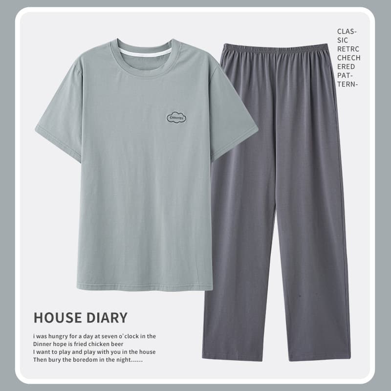 100% Cotton Pajama Set for Men Summer Short Sleeve Long Pants Wear-Out Youth Plus Size Thin Loungewear Set