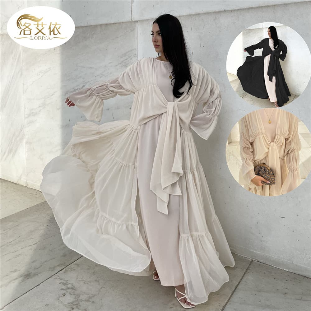 Loriya Amazon belted puff sleeve cardigan, 2022 spring European and American elegant long skirt LR483