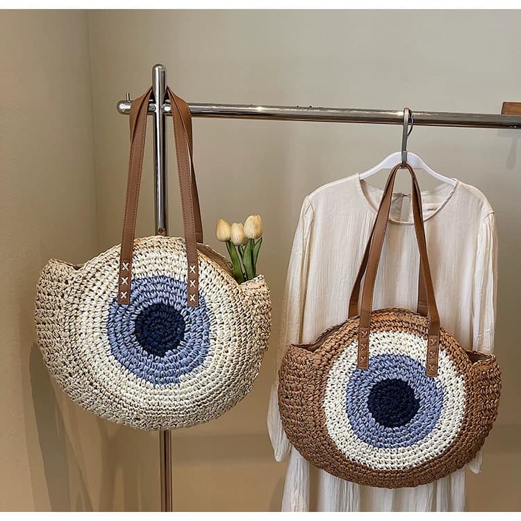 High-end niche retro hand-woven bag, colorful large disc straw bag, shoulder bag, large-capacity cross-border bag