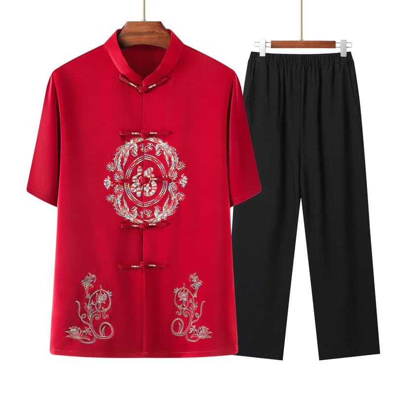 Middle-aged and elderly couple Tang style men and women mid-sleeve birthday celebration Chinese style formal shirt, elderly ethnic style thin set