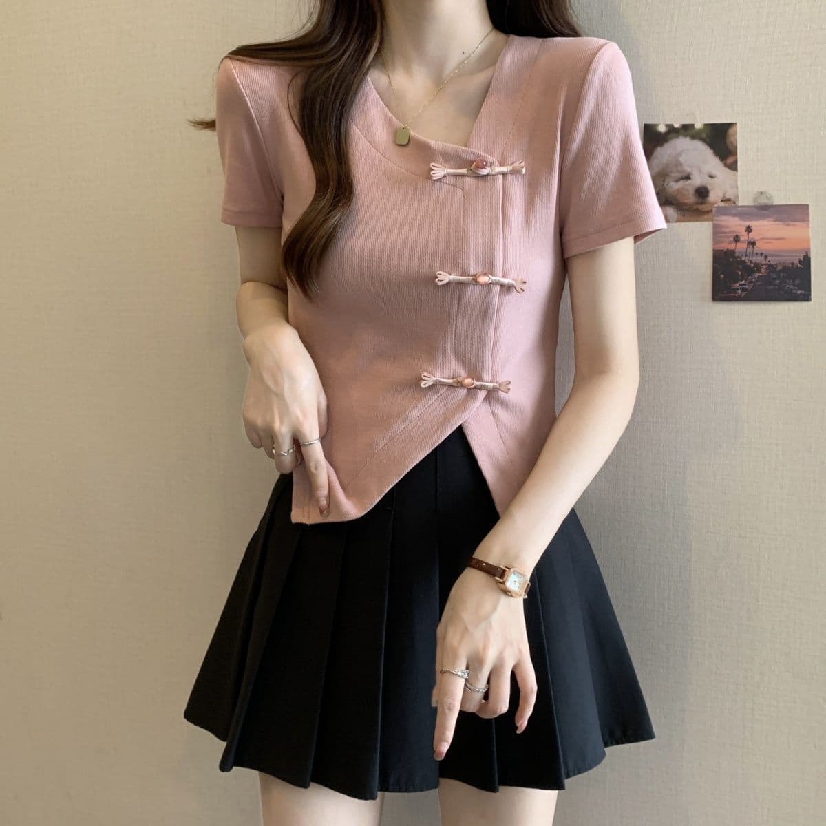 Large size irregular new Chinese style plate button short-sleeved T-shirt women's summer 2025 new slim fit V-neck national style top