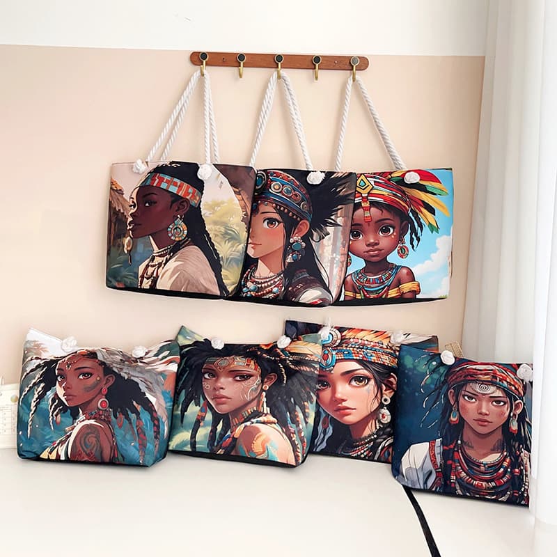 2026 New Cross-Border Thick Rope Black Girl Print Tote Bag Shoulder Bag Shopping Bag Women's Bag Versatile Beach Bag