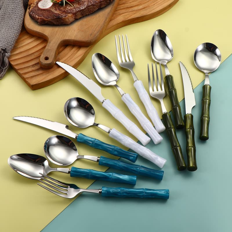 Acrylic knife, fork and spoon 304 stainless steel bamboo tableware dessert spoon fork dinner spoon hotel steak knife and fork set
