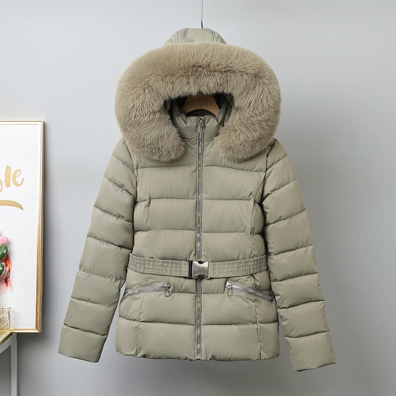 Cross-border European and American Women's Fashion AliExpress Hot-Selling Warm Long-Sleeve Ski Cotton Jacket with Belt, Fleece-Lined and Thickened Inner Layer