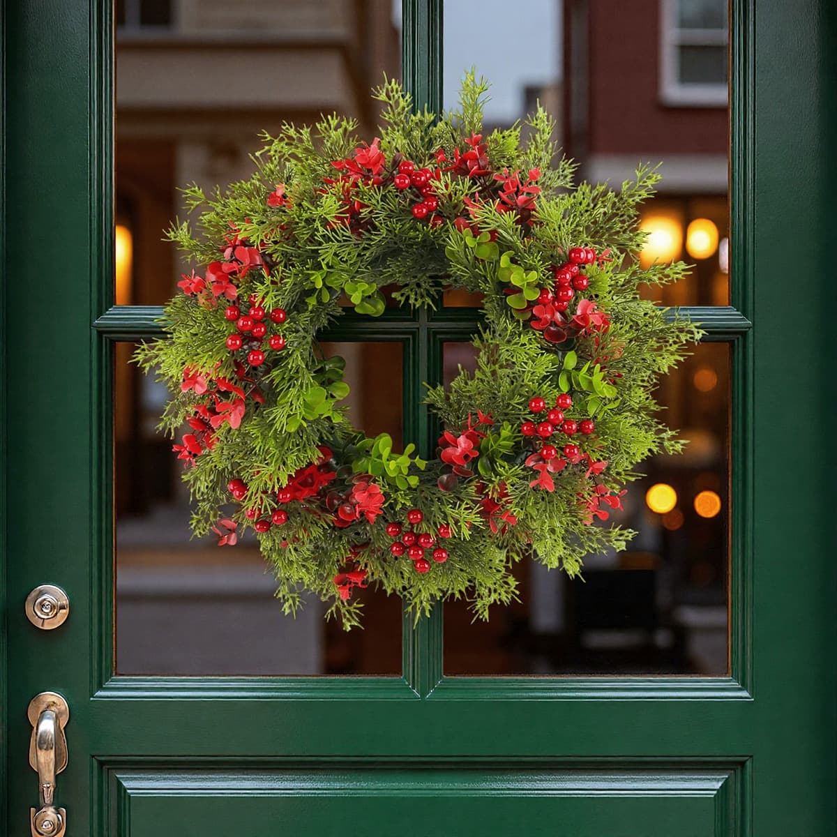 Yihong Cross-border Eucalyptus Red Berry Wreath Pendant Christmas Decoration Artificial Flower Pine Needle Vine Ring Hanging Ornament