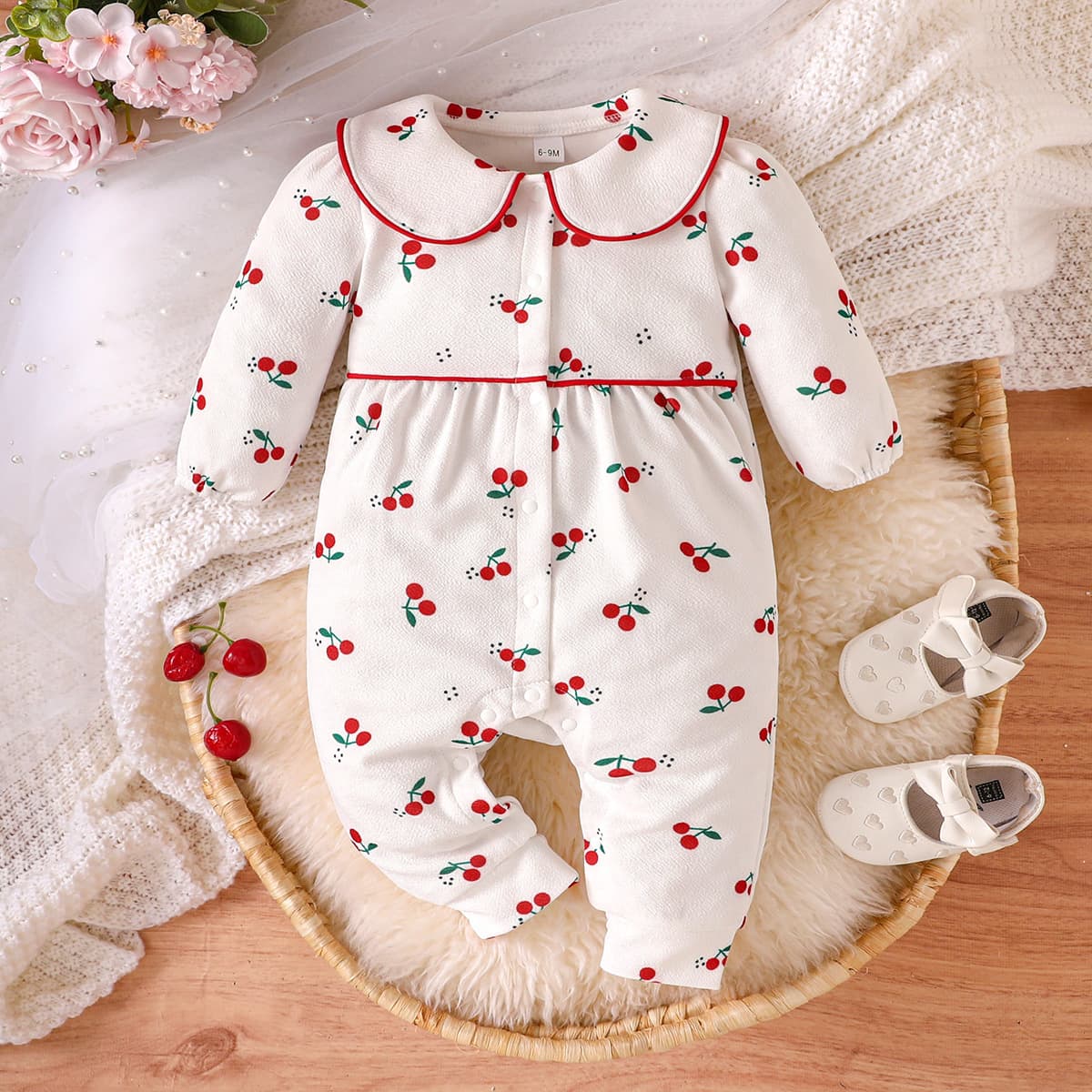Cross-border Supply Autumn Baby Girl Cherry Print Turn-down Collar Long-sleeve Romper Cute Onesie Casual Daily New Style
