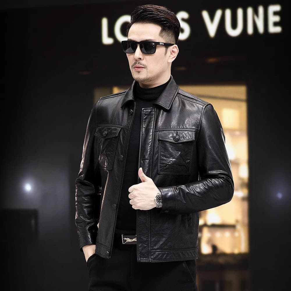 Men's Haining Waxed Cowhide Top-Grain Leather Jacket with Detachable Down-Filled Fur Collar, Winter Coat Thick