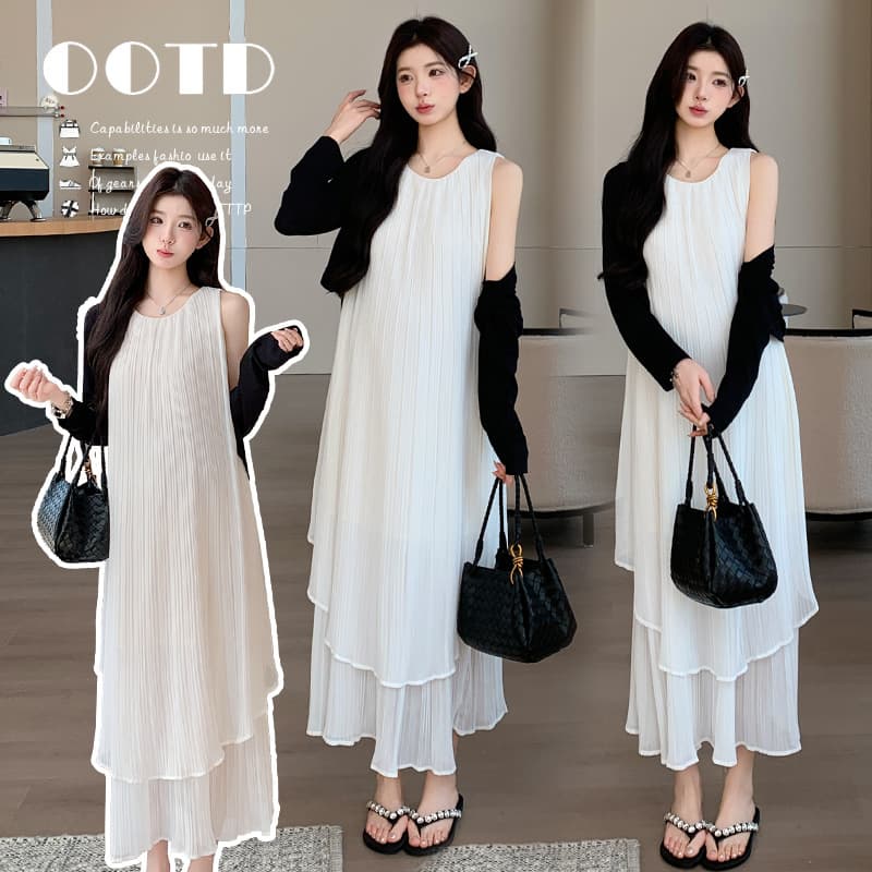 Maternity Dress 2026 Summer New Fashion Pleated Slimming Maternity Dress + Cardigan Maternity Set