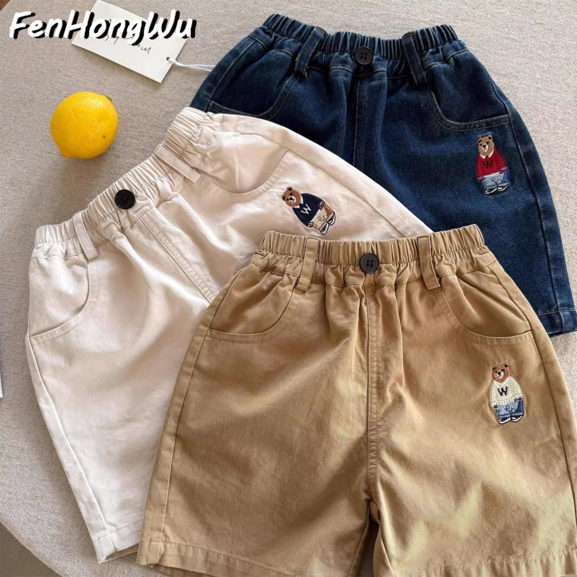 [Pink House] Shorts 2025 Summer Boys Japanese Trendy Brand Bear Embroidered Jeans Western-style Five-point Casual Pants