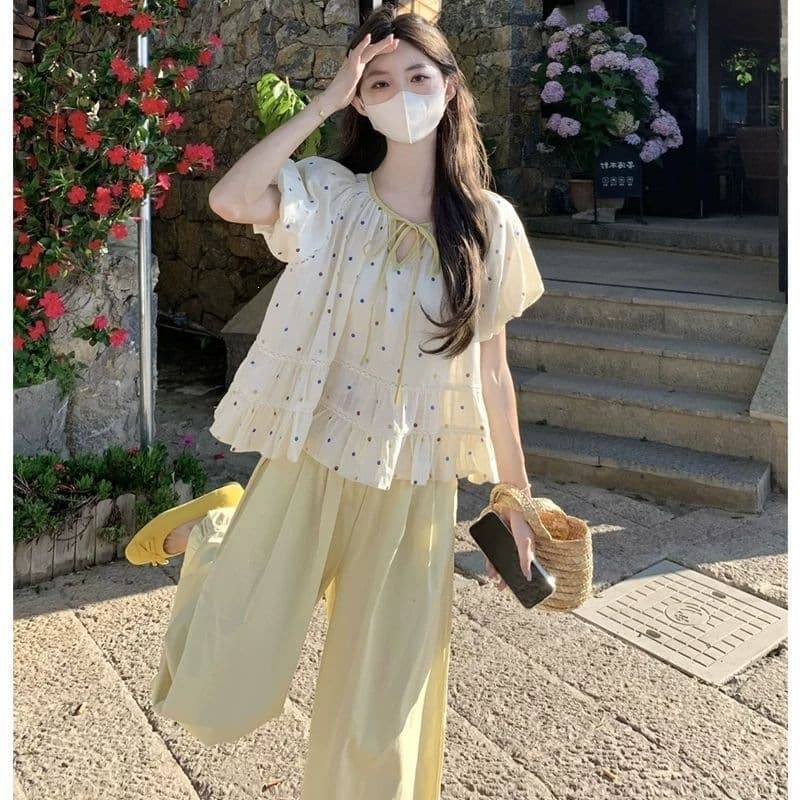 Plus size women's 2025 new summer style fat mm Korean version colorful polka dot puff sleeve babydoll shirt pants suit