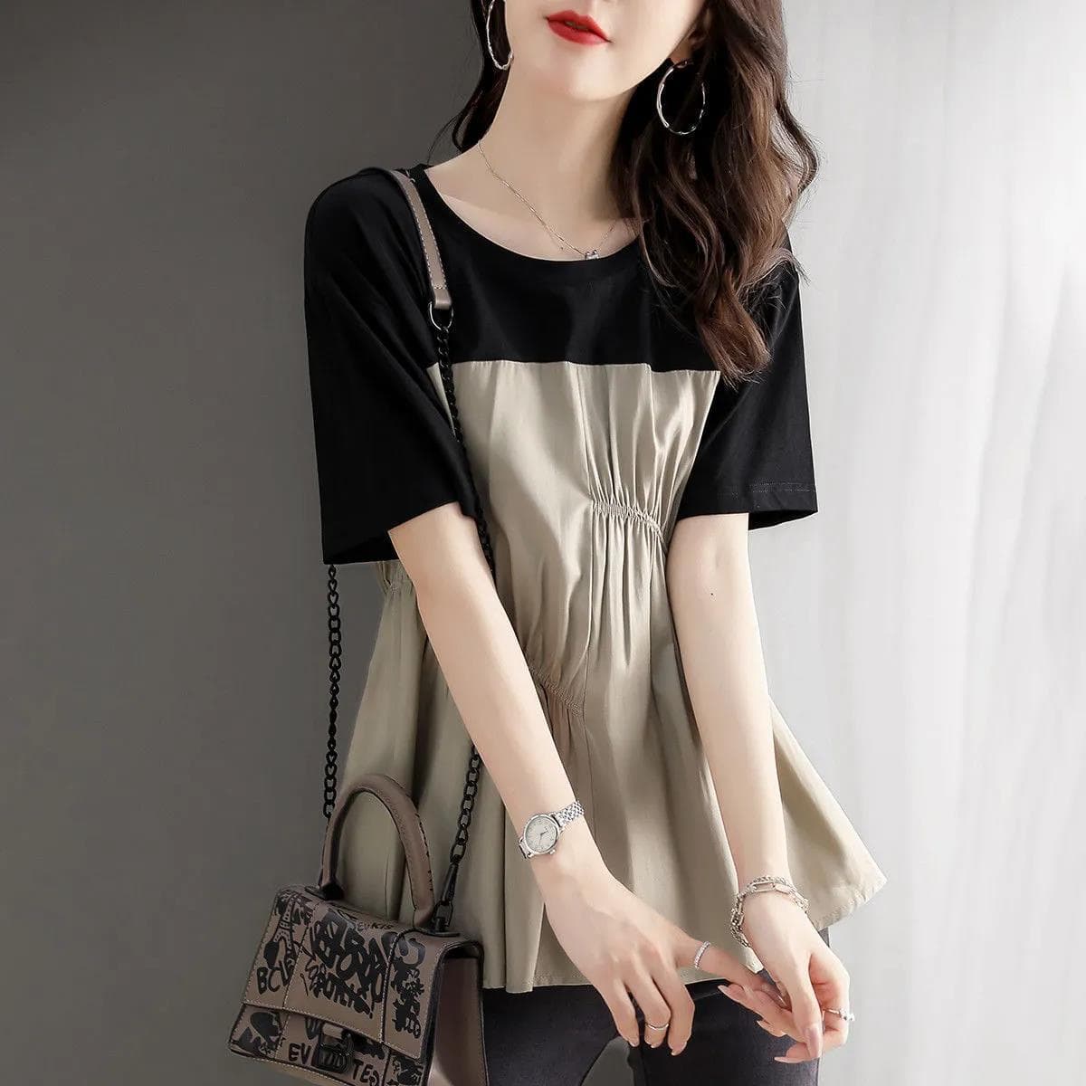 2026 Summer New Fashion Women's T-Shirt, Casual Loose Round Neck Korean Style Color Block Top