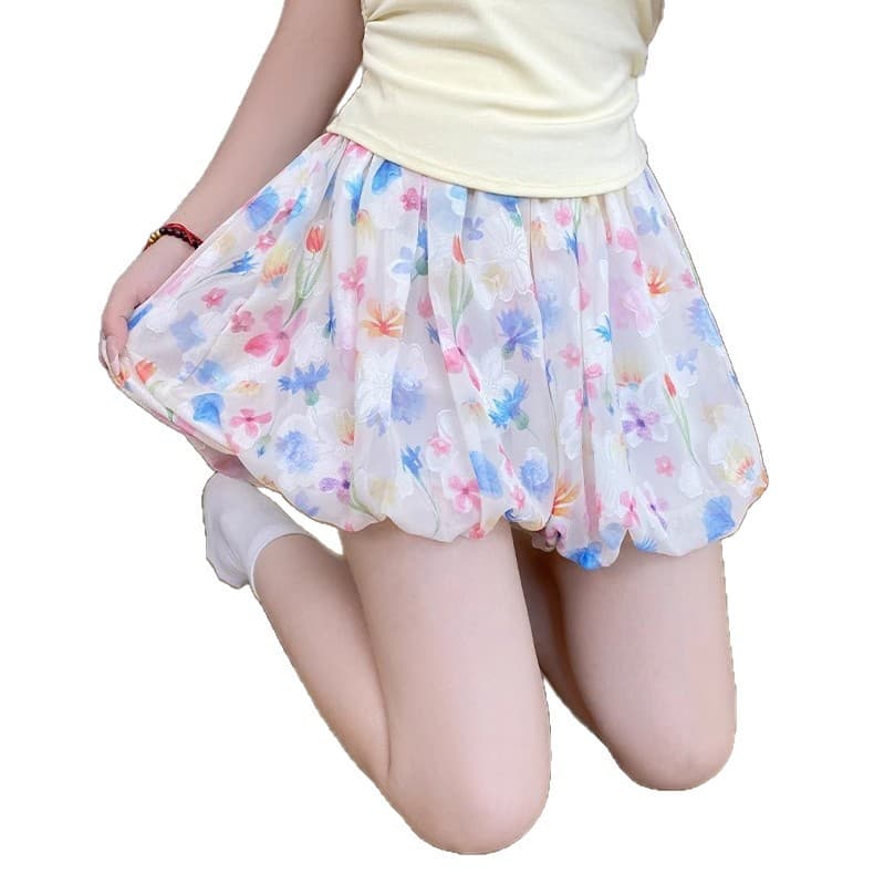 Floral Puffy Bloomers Shorts for Women Summer 2025 New Arrival Petite High-Waist Loose Casual Ice Silk Wide-Leg Skirt Shorts