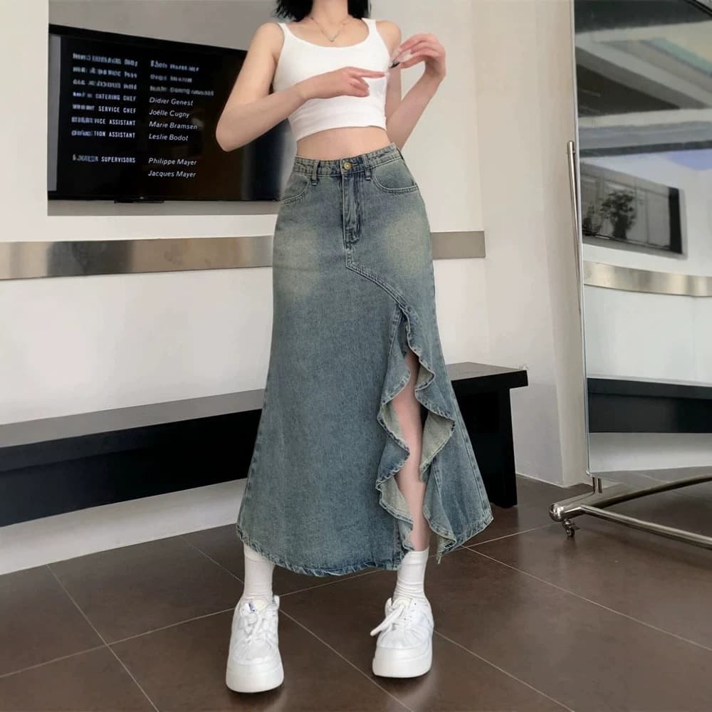 Designer Ruffled Split Denim Skirt for Women New Plus Size Slimming High-Waist Fishtail Bodycon Midi Skirt Fashion