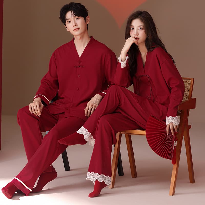 100% Pure Cotton Couples Pajamas Long-Sleeve Spring/Autumn Cardigan Red Festive Wedding Men's and Women's Homewear Newlywed Set