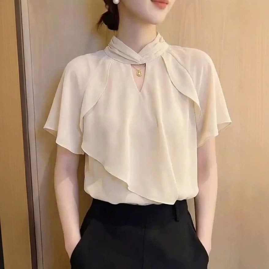 Apricot Stand Collar Short Sleeve Blouse Women 2026 Summer New Korean Intellectual Style Elegant Temperament Versatile Plus Size Top