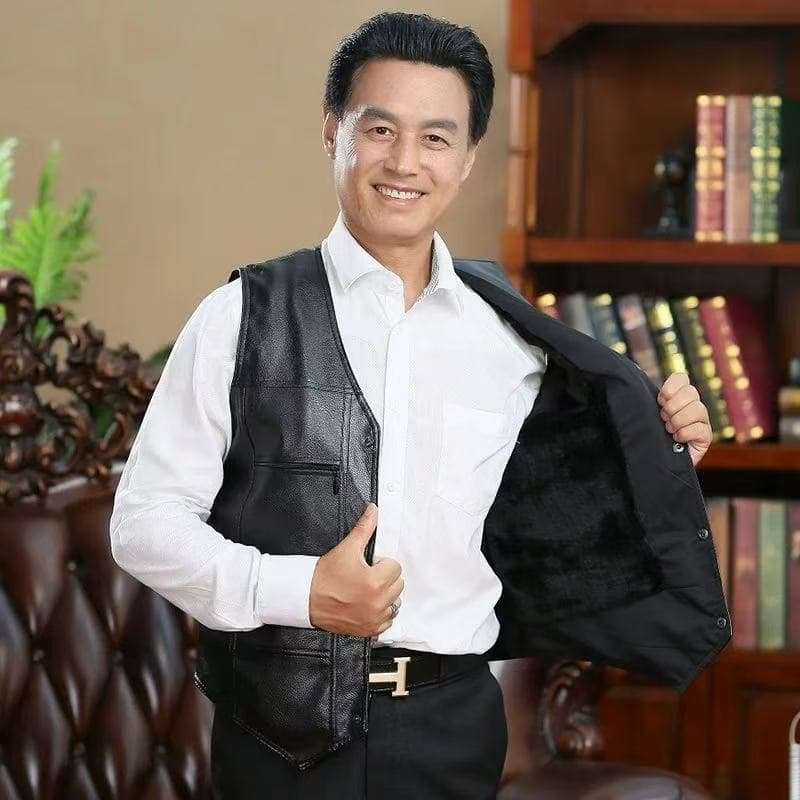 Cross-border Autumn/Winter Multi-pocket Fleece-lined Leather Vest for Middle-aged and Elderly Men, Warm Leather Sleeveless Jacket, Live-stream Source Factory Wholesale