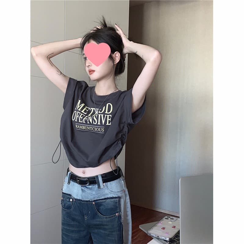 Ins Hot Girl Pure Desire Printed Drawstring Short Sleeve T-Shirt Women Summer Cropped Loose Fit Crop Top Sexy Jazz Top