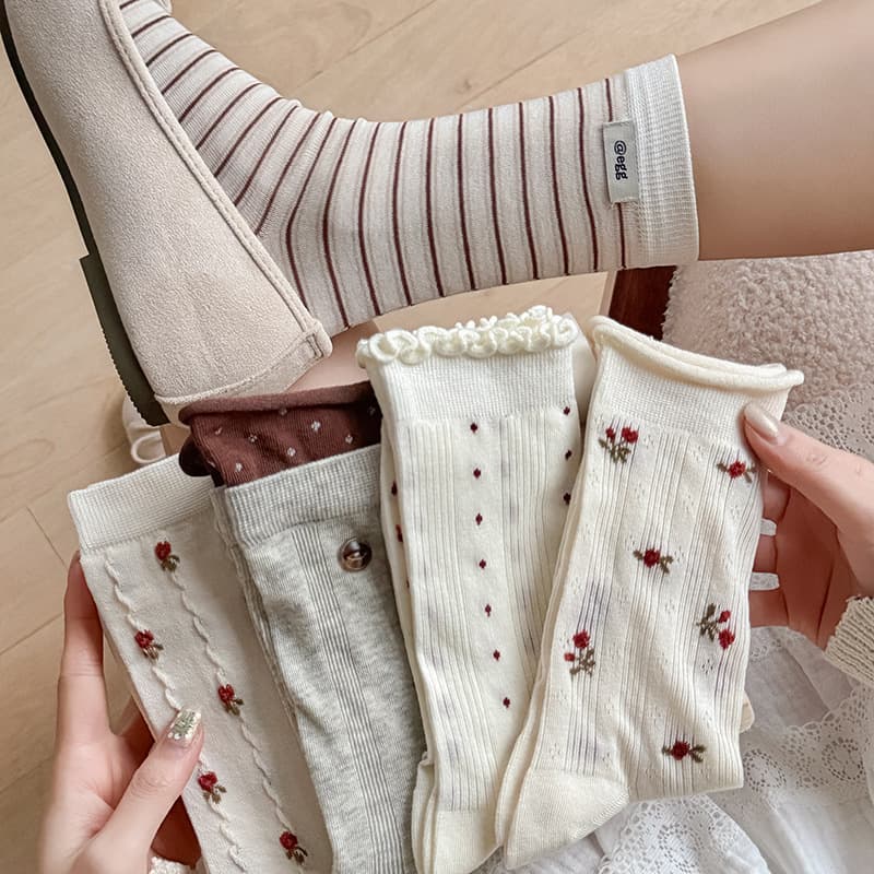 Floral Pattern Mid-Calf Socks for Women, Cotton Spring/Autumn Style, Ruffle Trim, Ins Fashion, Korean-Japanese Cute Long Socks