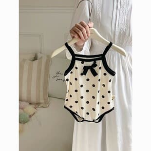 Baby Girl Summer Clothes Strap Romper Trendy Polka Dot Retro Korean Style Bow Sweet Infant Bodysuit Thin