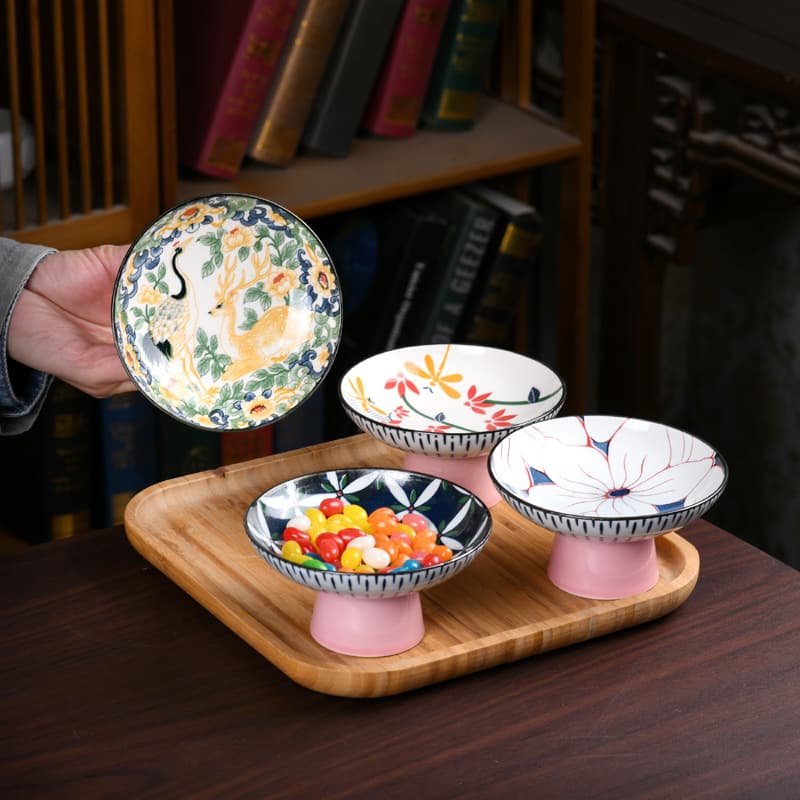 Chinese Pastel Pedestal Fruit Plate, Tea Snack Plate, Dessert Plate, Fruit Tray, Dried Fruit and Pastry Plate, Stove Boiling Tea Dish