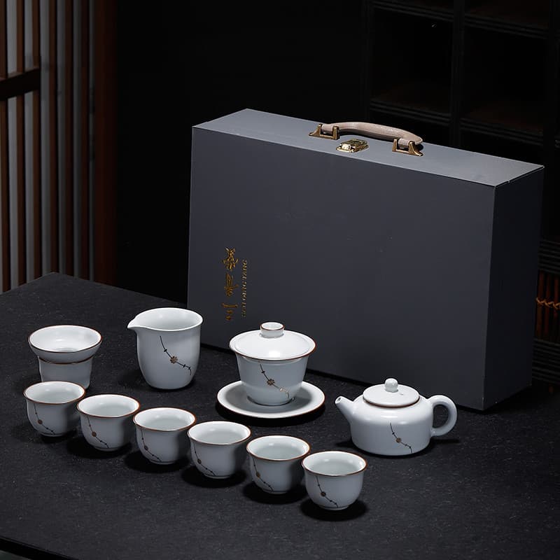Ru Kiln Kung Fu Tea Set for Home Use, Guest Reception, High-End Ceramic Tea Set with Tea Cups, Pot, and Covered Bowl in Gift Box