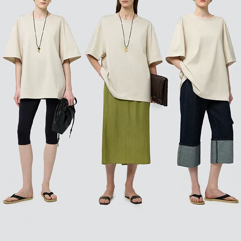 Breathable and Comfortable Pure Cotton Minimalist Tie-Back Round Neck Loose-Fit Short-Sleeve T-Shirt