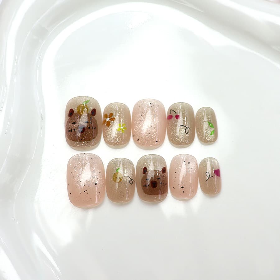 Daily Commuting Peach Matte Wearable Nails Low Saturation Gentle Short Nails Cartoon Pattern Finished Products Wholesale