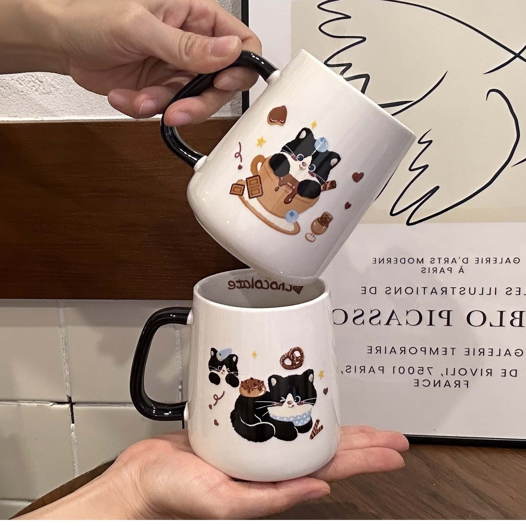 Cute Cat Ceramic Cup for Home Use, Drinking Mug for Girls, Office Coffee Cup, High Aesthetic Couple's Water Cup