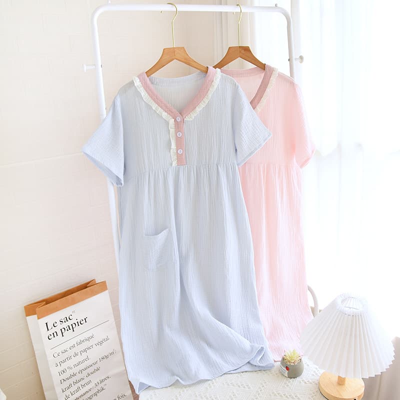 New Summer Sleep Dress Crinkle Fabric Loose Nightgown Women Simple Lace Short Sleeve Maternity Loungewear Wholesale