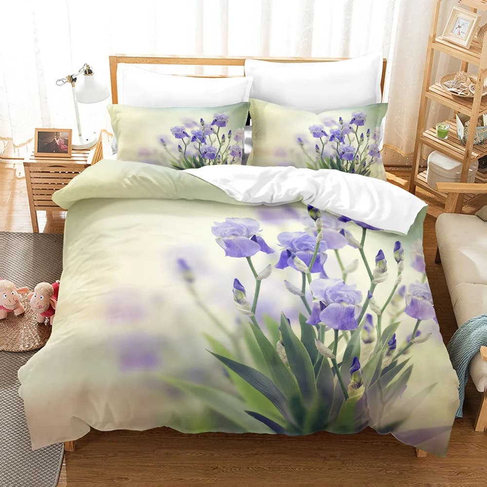 Purple Floral Fresh Pattern Digital Print Duvet Cover Set for Girls Bedroom Decor