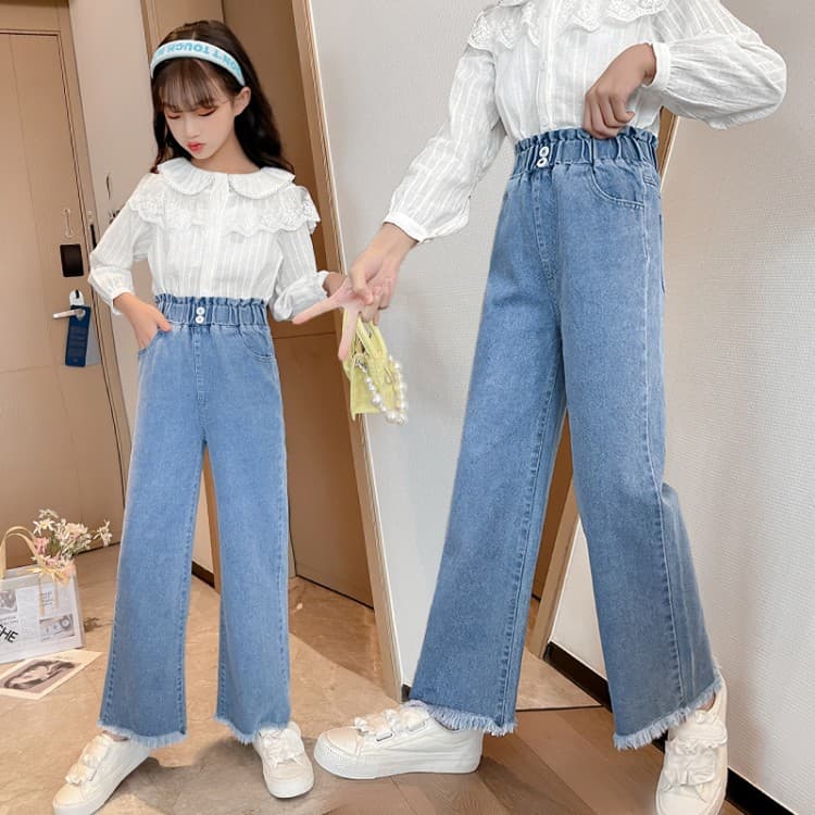 Girls Loose Wide Leg Jeans Autumn Spring Fashionable Children's Long Pants Cotton Korean Style Middle Big Kids Baby Outfit