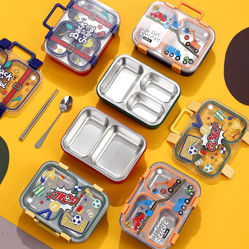 Cartoon 304 Stainless Steel Lunch Box Rectangular Divided Compartments No Flavor Mixing Food Container Soup Bowl Portable Takeout Bento Box with Handle