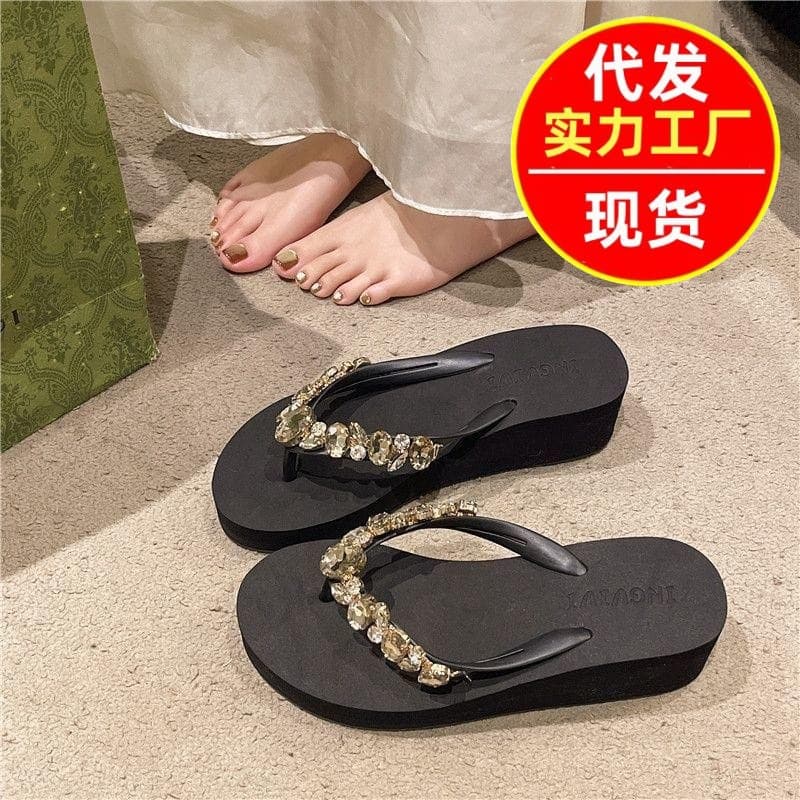 Korean Version Wedge Thick Sole Rhinestone Flip Flops Women 2026 Summer New Anti-Slip Height Beach Slip-On Comfort Women